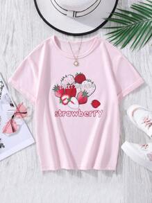 SHEIN Chicas Camiseta fresa & con estampado de letra - Rosa Pálido - Ver 1