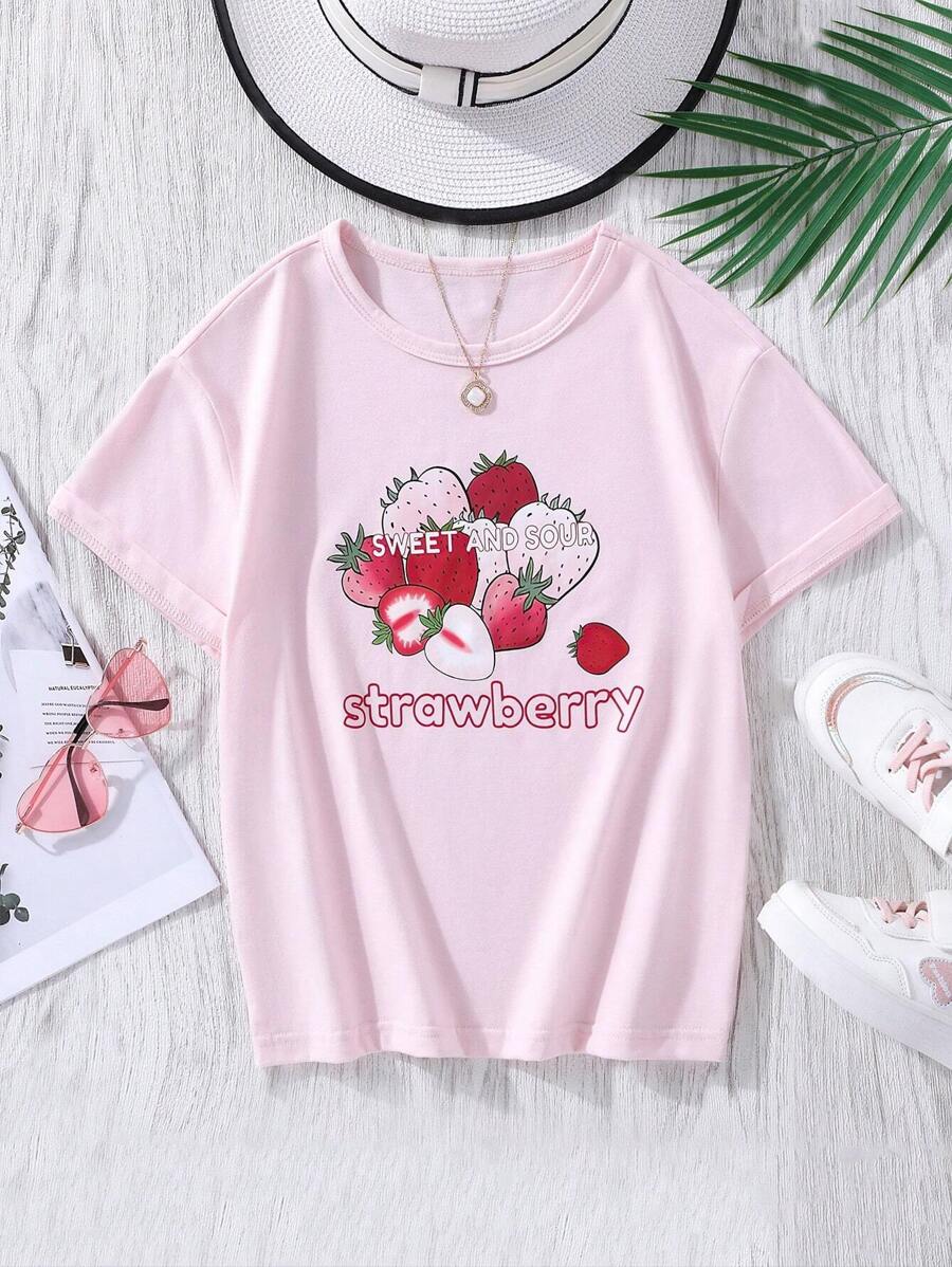 SHEIN Chicas Camiseta fresa & con estampado de letra - Rosa Pálido - Ver 1