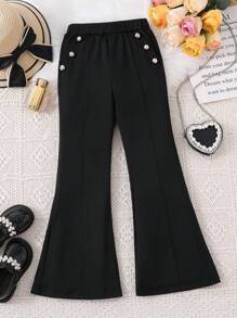 SHEIN Chicas Pantalones acampanados con diseño de botón - Negro - Ver 1