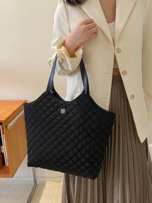 Quilted Shoulder Bag Medium Metal Decor Black - Black - View 8