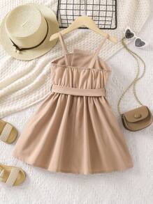 SHEIN Đầm bé gái Nút phía trước Bất đối xứng màu trơn Giải trí - Màu Khaki - Xem 2