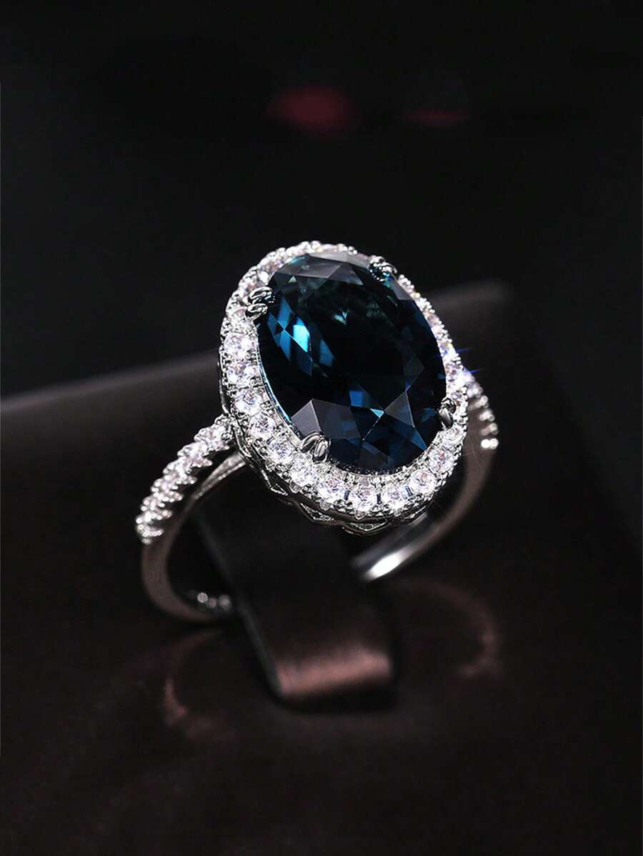 Nhẫn Trang Trí Hình Bầu Dục Đá Cubic Zirconia - Bạc - Xem 1