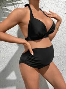 SHEIN Maternity Solid Halter High Waisted Bikini Set Summer Beach - Black - View 4