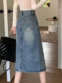 水洗下擺開叉牛仔半身裙 - 中等水洗藍 - 查看 2