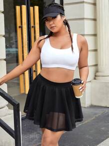 SHEIN Sports Plus Size Solid High Waist Sports Skort With Phone Pocket Tennis Skirt - Black - View 3