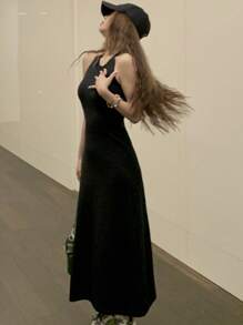 Vestido unicolor de cuello halter - Negro - Ver 1