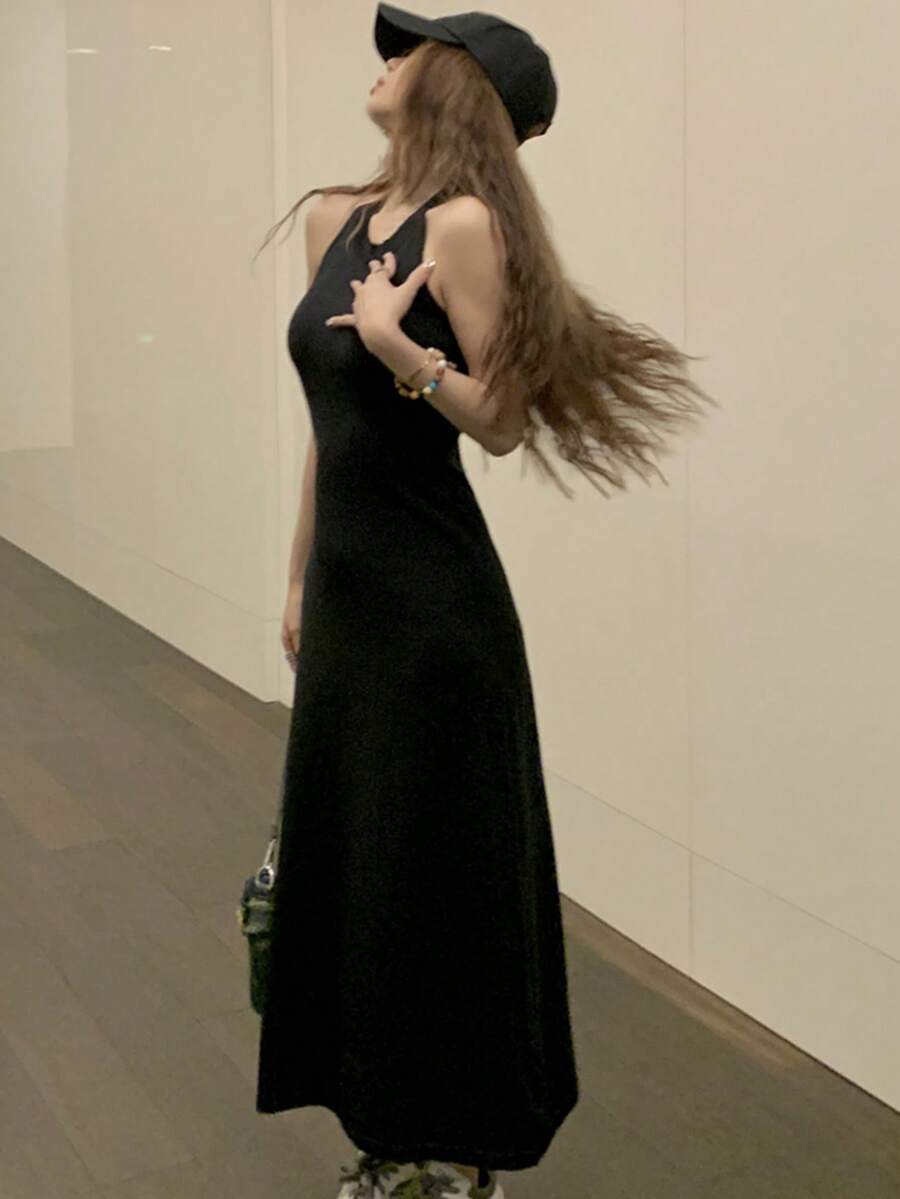 Vestido unicolor de cuello halter - Negro - Ver 1