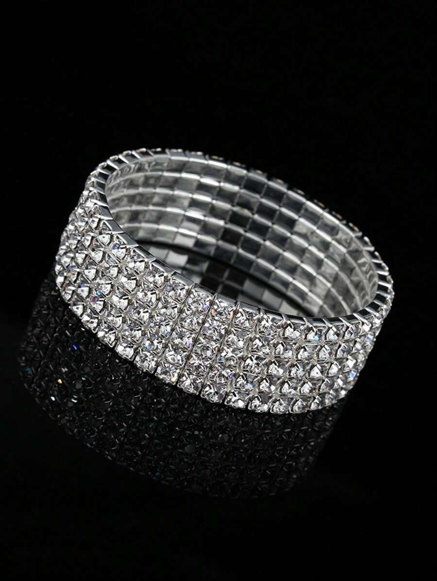 1 件新娘婚礼派对闪亮水晶 5 排弹性手链 - 銀色 - 查看 1