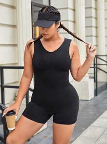 大碼條紋針織運動連體短褲