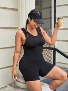 大碼條紋針織運動連體短褲