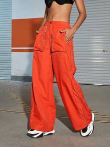 拉鍊口袋工裝褲 - 橘色 - 查看 5