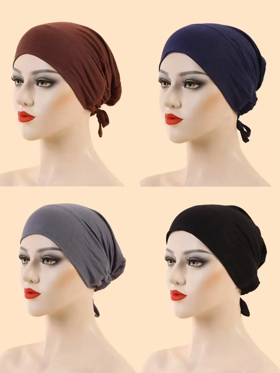 4pcs Women Solid Drawstring Detail Casual Head Wrap For Daily Life Bonnet Hair Bonnet Turban - Multicolor - View 1