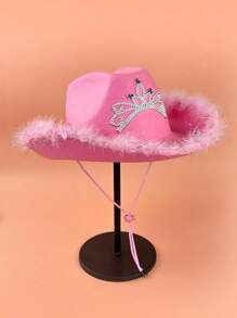 1 件装女士蓬松帽檐水钻皇冠装饰时尚牛仔帽适合冬季派对牛仔帽女牛仔帽万圣节 - 粉色 - 查看 3