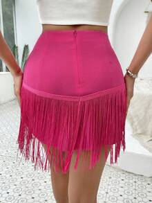 SHEIN VCAY Solid Fringe Trim Skirt - Hot Pink - View 2