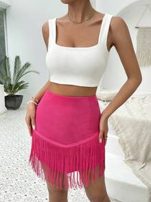 SHEIN VCAY Solid Fringe Trim Skirt - Hot Pink - View 4