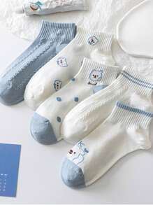 5雙裝女款可愛卡通秋冬保暖襪 - 藍色 - 查看 1