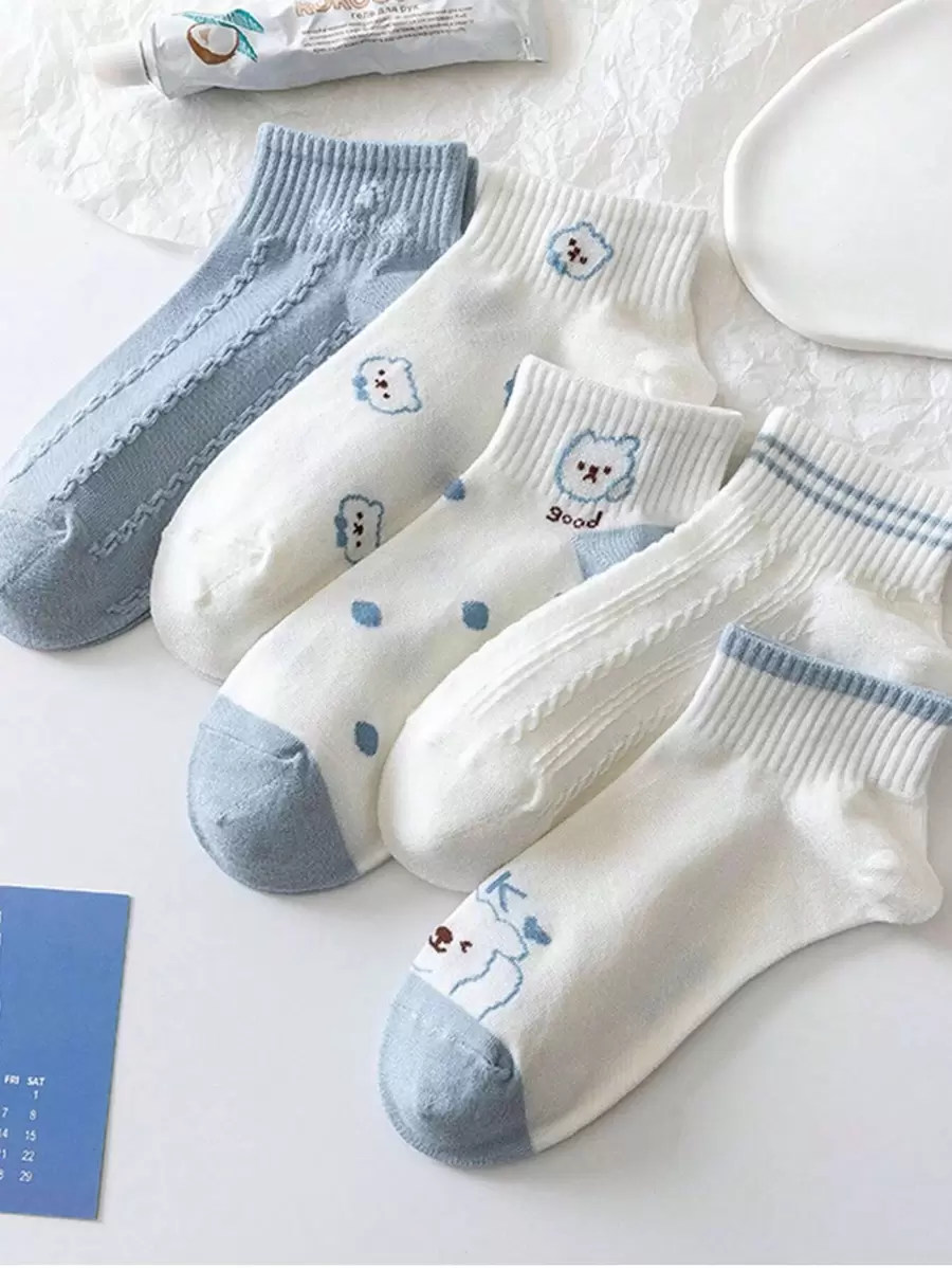 5雙裝女款可愛卡通秋冬保暖襪 - 藍色 - 查看 1