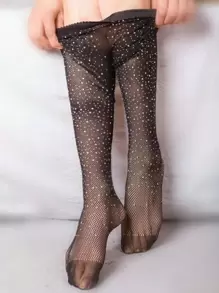 1pair Rhinestone Fishnet Thigh High Stockings For Women (Excluding Underwear) - Black - View 3