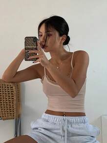 DAZY Áo khoác và áo lót dành cho xe tăng nữ Tương phản ren màu trơn Giải trí - Màu Khaki - Xem 3