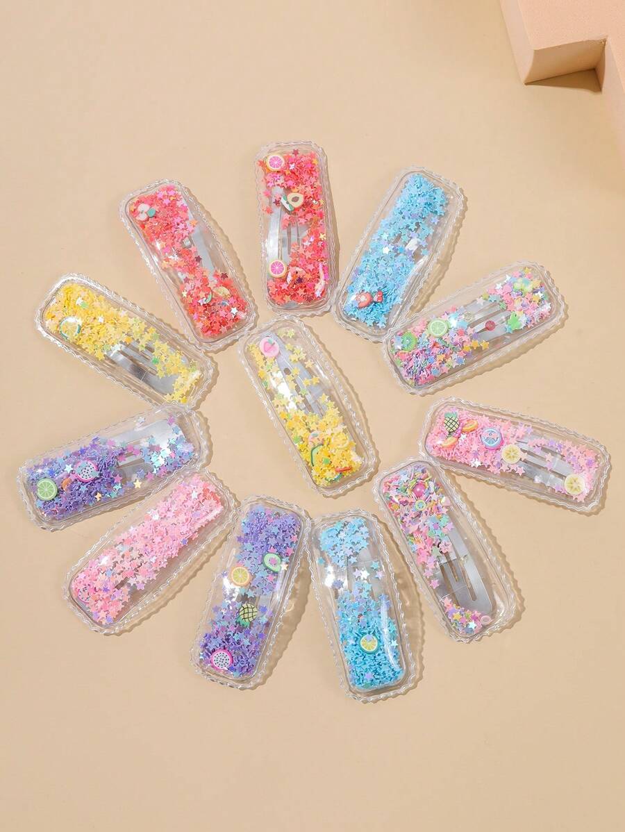 12 piezas/set Pinzas de cabello de color de caramelo arena movediza con corazón & rectángulo en forma de transparente con de color al azar - Multicolor - Ver 1