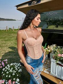 Lưới tương phản Grommet viền cong có dây buộc phía sau Bustier Cami Corset Top - Màu be - Xem 5