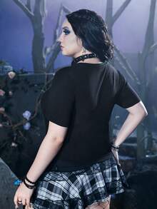 Corpse Bride | ROMWE Plus Skull & Letter Graphic Tee - Black - View 2