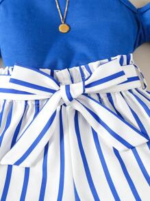 Bộ thời trang bé gái Quần paper-bag Sọc Giải trí - Xanh và trắng - Xem 3