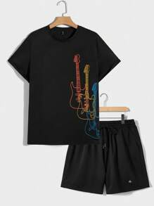 Manfinity NXTstreet 男士吉他印花T恤和腰部抽繩短褲 - 黑色 - 查看 1