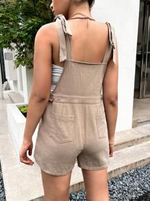 SHEIN Maternity Patched Pocket Tie Shoulder Overall Romper Without Tube Top - Khaki - View 2