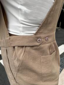 SHEIN Maternity Patched Pocket Tie Shoulder Overall Romper Without Tube Top - Khaki - View 5