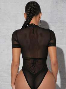 SHEIN SXY Summer Solid Sheer Mesh Bodysuit Without Lingerie Set - Black - View 2
