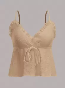 SHEIN MOD 褶邊前繫帶吊帶上衣 - 卡其色 - 查看 1