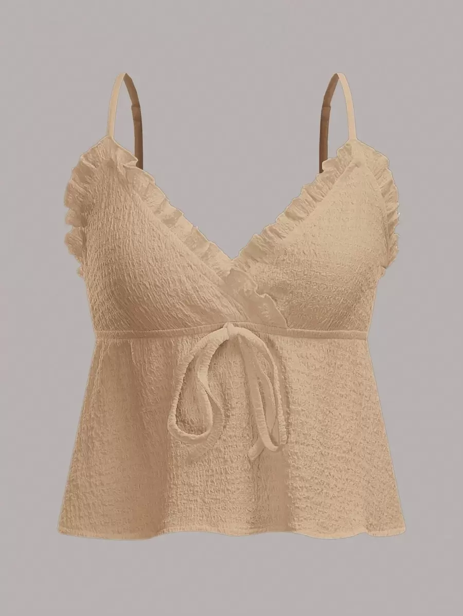 SHEIN MOD 褶邊前繫帶吊帶上衣 - 卡其色 - 查看 1