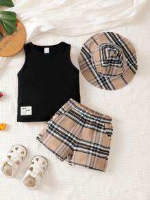 SHEIN Baby Sets Ditambal Kantong Huruf Plaid - MultiWarna - View 1