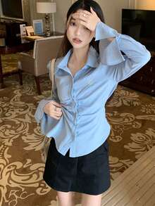 Camisa con bordado fruncido con botón - Azul - Ver 5