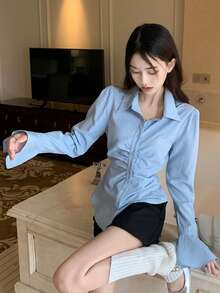 Camisa con bordado fruncido con botón - Azul - Ver 6