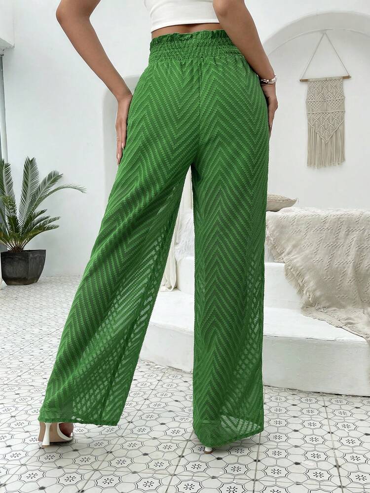 SHEIN VCAY Chevron Jacquard Tie Front Wide Leg Pants - Green - View 2