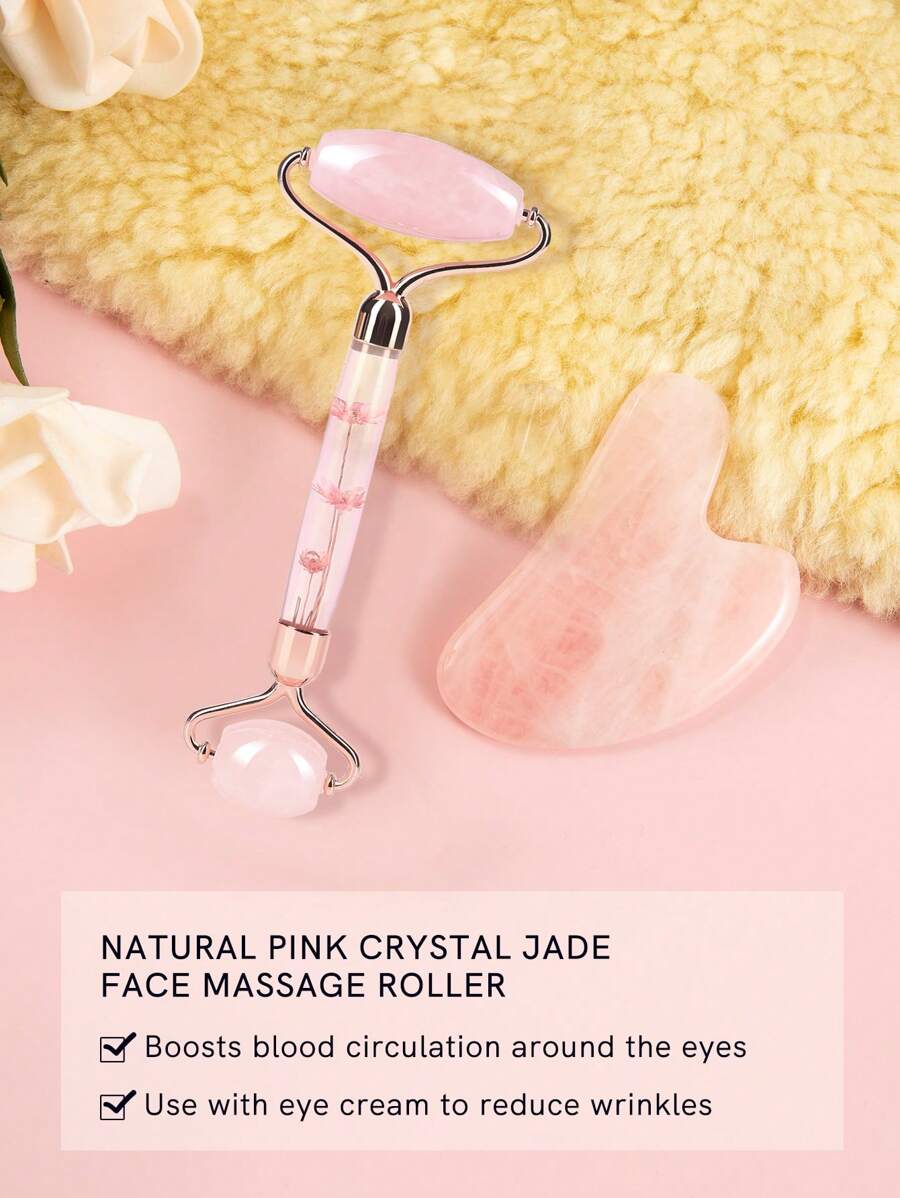 MISS SALLY 2入組玉滾輪和刮痧套裝-薔薇石英臉部滾輪按摩器和刮痧板適用於臉部眼睛領-自然美妝皮膚護理工具身體肌肉放鬆