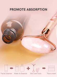 MISS SALLY 2入組玉滾輪和刮痧套裝-薔薇石英臉部滾輪按摩器和刮痧板適用於臉部眼睛領-自然美妝皮膚護理工具身體肌肉放鬆