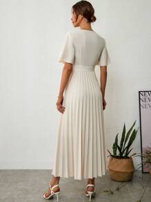 SHEIN Privé Surplice Neck Pleated Hem Dress - Beige - View 3