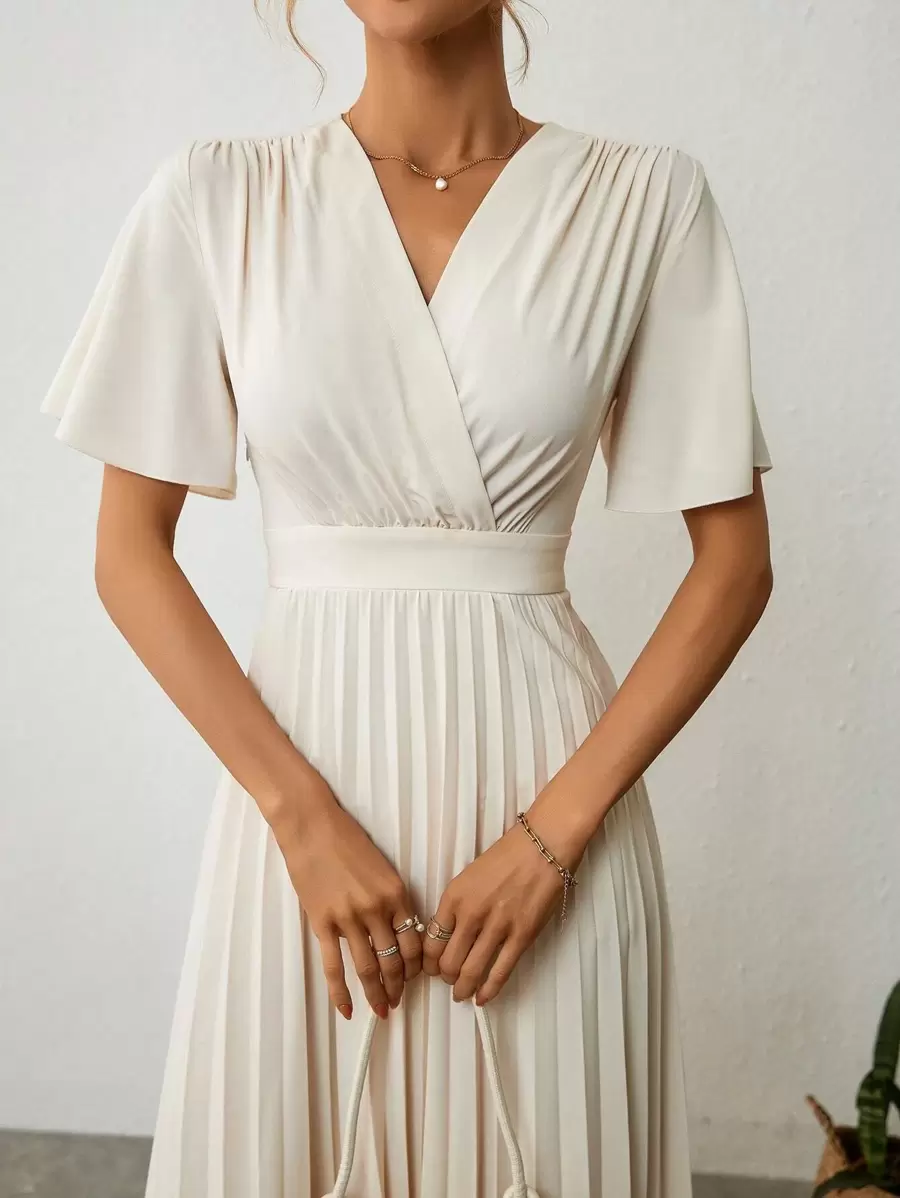 SHEIN Privé Surplice Neck Pleated Hem Dress - Beige - View 1