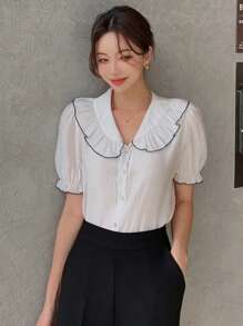 DAZY Contrast Binding Statement Collar Puff Sleeve Blouse - White - View 4