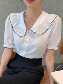 DAZY Contrast Binding Statement Collar Puff Sleeve Blouse - White - View 5
