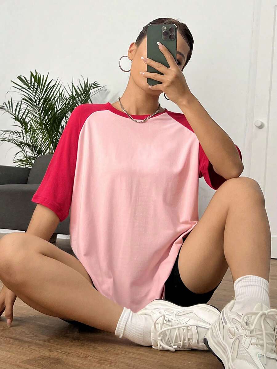 SHEIN EZwear Colourblock Raglan Sleeve Tee - Pink - View 1