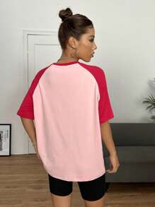 SHEIN EZwear Colourblock Raglan Sleeve Tee - Pink - View 2