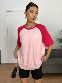SHEIN EZwear Colourblock Raglan Sleeve Tee - Pink - View 3