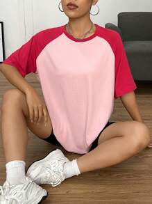 SHEIN EZwear Colourblock Raglan Sleeve Tee - Pink - View 6