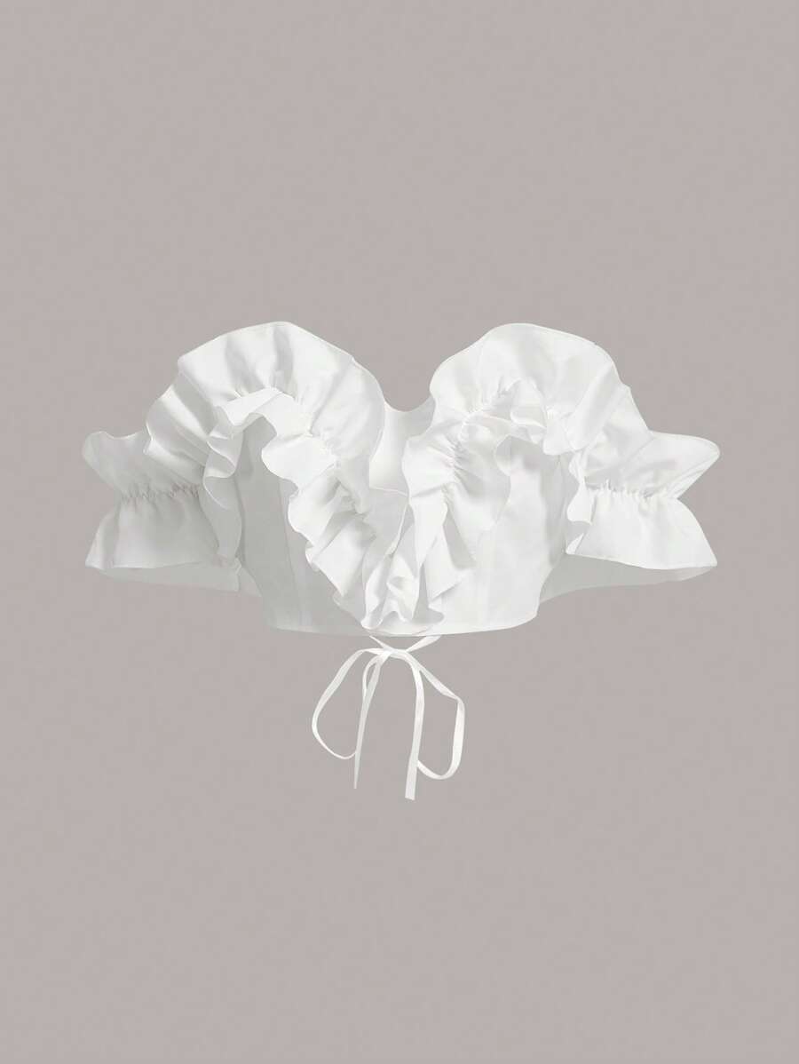 SHEIN Privé 荷葉邊繫帶短款上衣 - 白色 - 查看 1