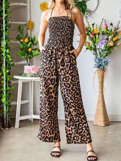 DOKOTOO Mono de tirantes con estampado de leopardo de espalda abierta