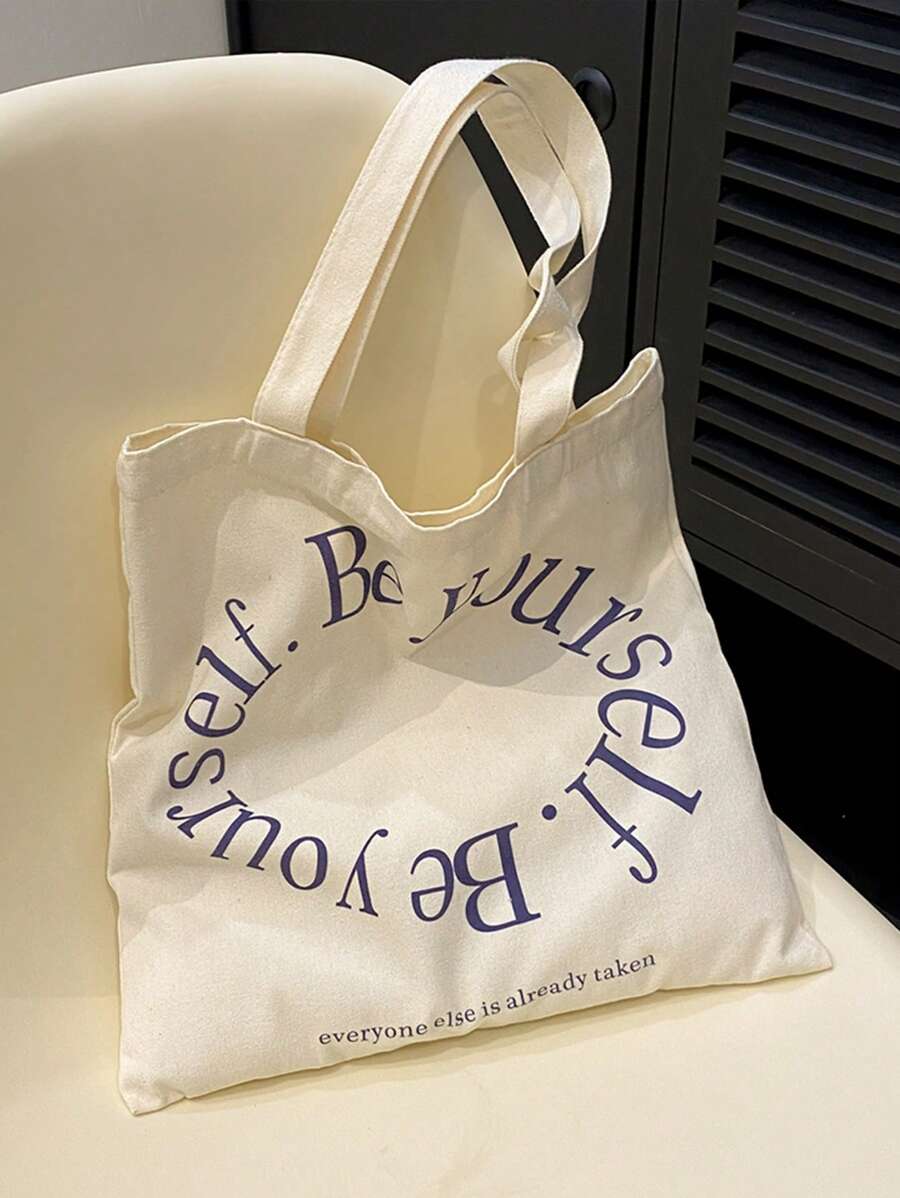 Letter Print Shopper Bag Double Handle Casual Style - White - View 1